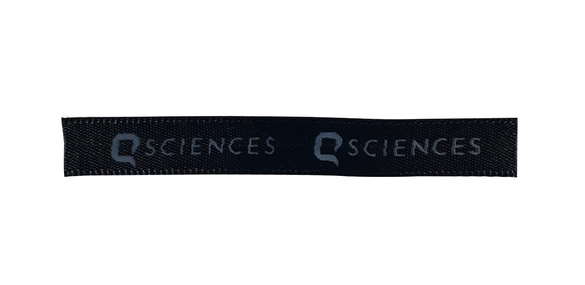 Q Sciences. Promo Products. USA Print on Woven. Rush Q Sciences print on beanie label. Patches and Labels. USA Print on Woven. Custom sew on woven label.