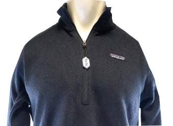 ROCHE PVC LABEL PLACEMENT. PROMOPRODUCTS. 2D ZIP PULLS WITH BLACK CORD. CUSTOM 2D ZIP PULL FOR PATAGONIA JACKETS.